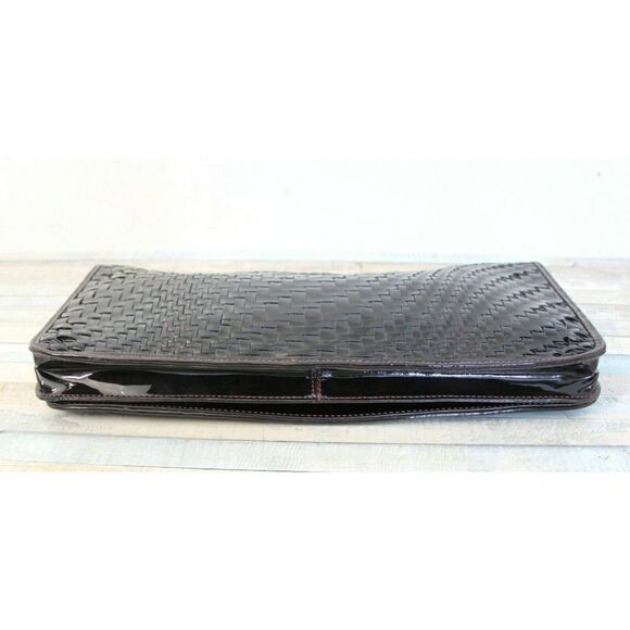 7.2"x14.5" Cole Haan PATENT BROWN WOVEN GENUINE LEATHER FLAP LRG CLUTCH HANDBAG - Picture 6 of 10
